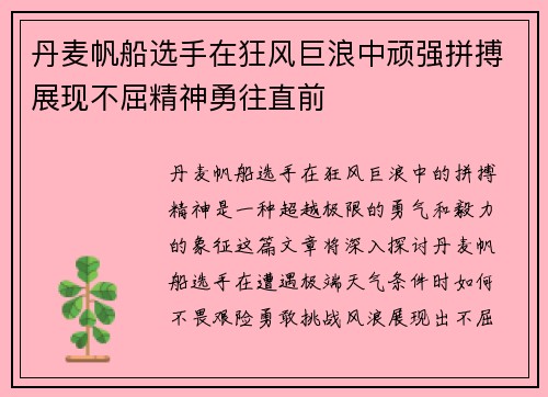 丹麦帆船选手在狂风巨浪中顽强拼搏展现不屈精神勇往直前