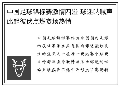 中国足球锦标赛激情四溢 球迷呐喊声此起彼伏点燃赛场热情