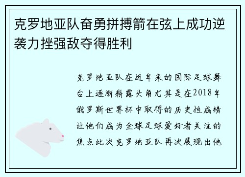 克罗地亚队奋勇拼搏箭在弦上成功逆袭力挫强敌夺得胜利