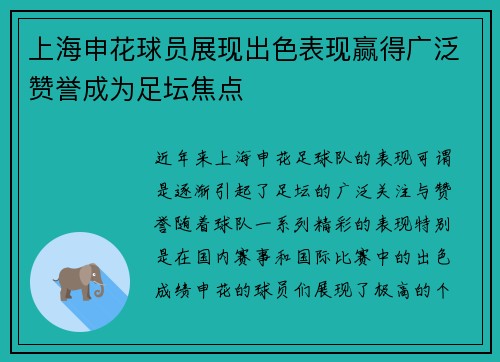 上海申花球员展现出色表现赢得广泛赞誉成为足坛焦点