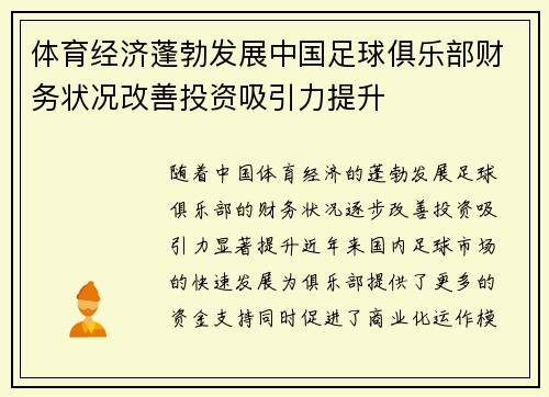 体育经济蓬勃发展中国足球俱乐部财务状况改善投资吸引力提升